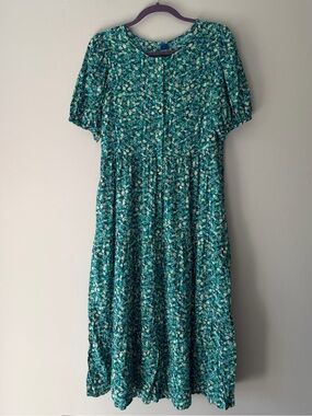 Old Navy Teal Blue Yellow Floral Button Front Tiered Midi Dress Size Small